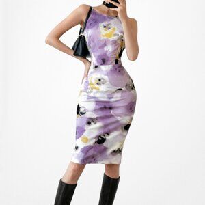 Vintage Y2K Purple White Floral Knee Length Bodycon Cocktail Dress Size M